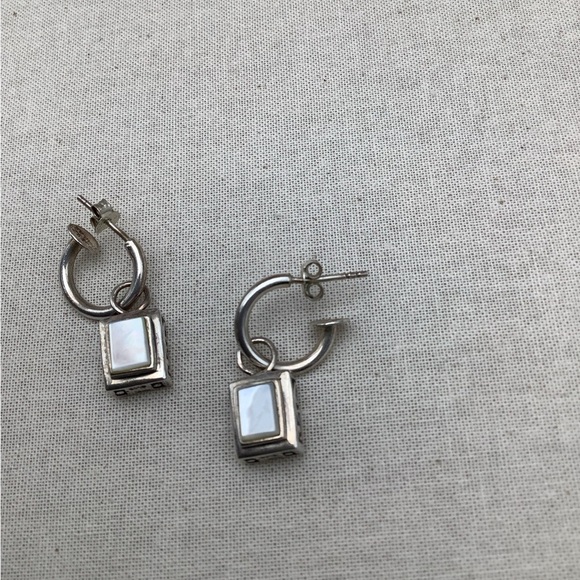 Vintage Sterling Silver Hoop Earrings with Mother Of Pearl Inlay - Picture 2 of 2